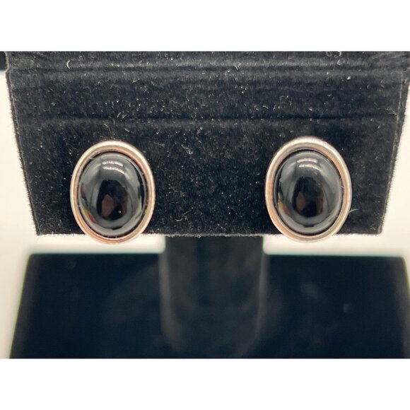 Vintage Black Cabochon Silver-Tone Clip-On Earrings - Picture 2 of 6